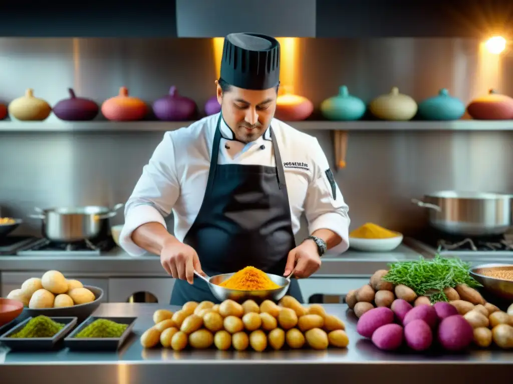 Un chef peruano fusiona variedades de papas peruanas en una cocina moderna, creando una deliciosa fusión culinaria