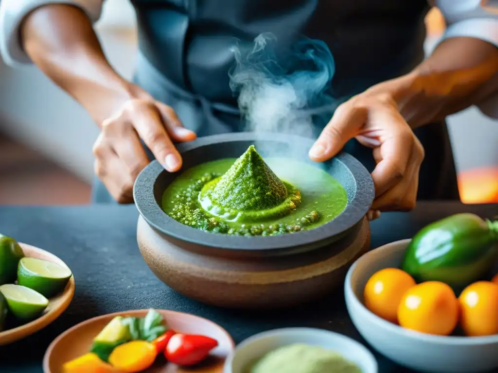 Un chef peruano preparando una vibrante salsa verde en un molcajete, fusionando sabores y texturas