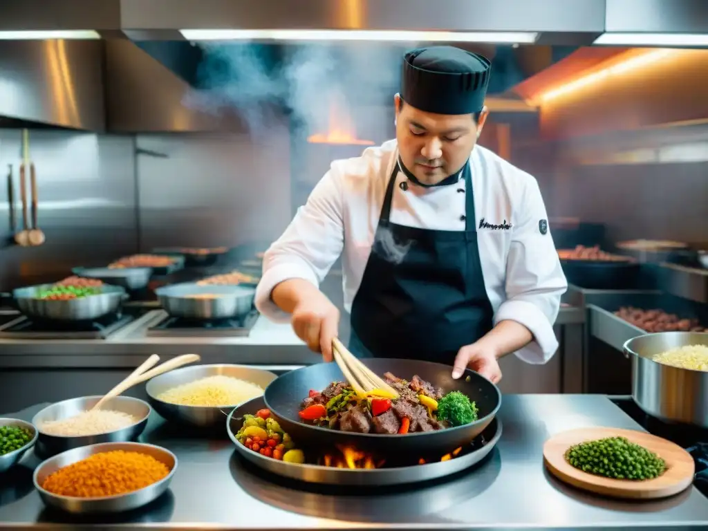 Un chef peruano prepara un wok de lomo saltado de alpaca en una cocina bulliciosa