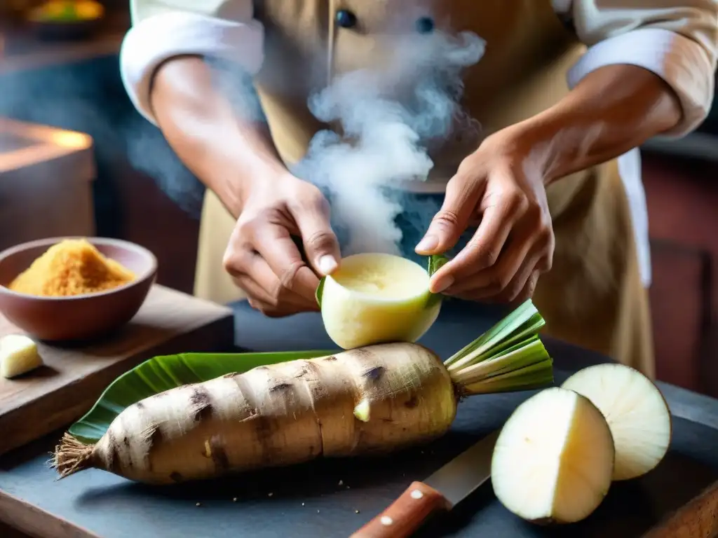 Un chef peruano tradicional pela una yuca fresca, destacando sus beneficios y recetas con yuca en una cocina rústica