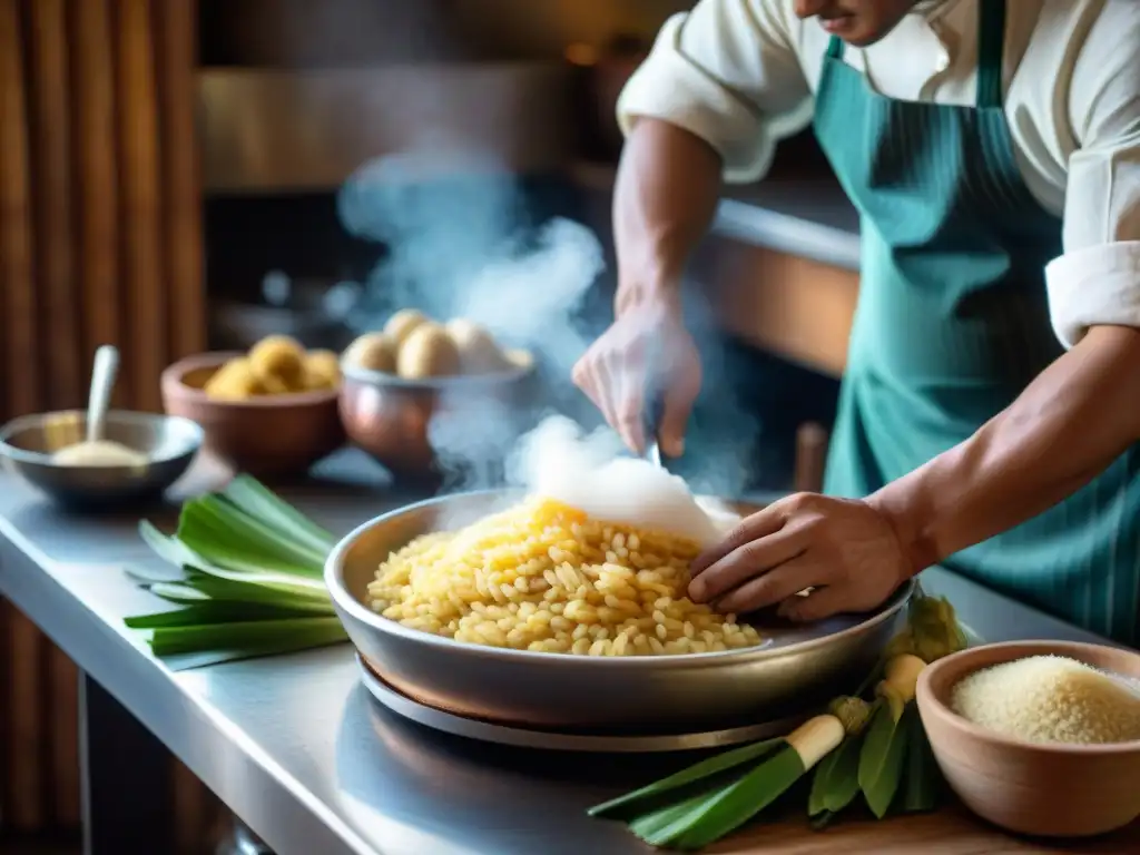 Un chef peruano cortando yucas frescas con destreza en una cocina tradicional