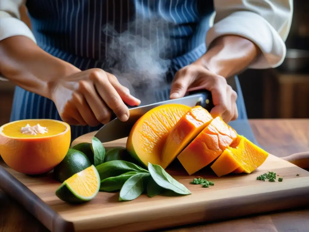 Un chef peruano corta hábilmente un zapallo loche, revelando los beneficios del zapallo loche en cocina