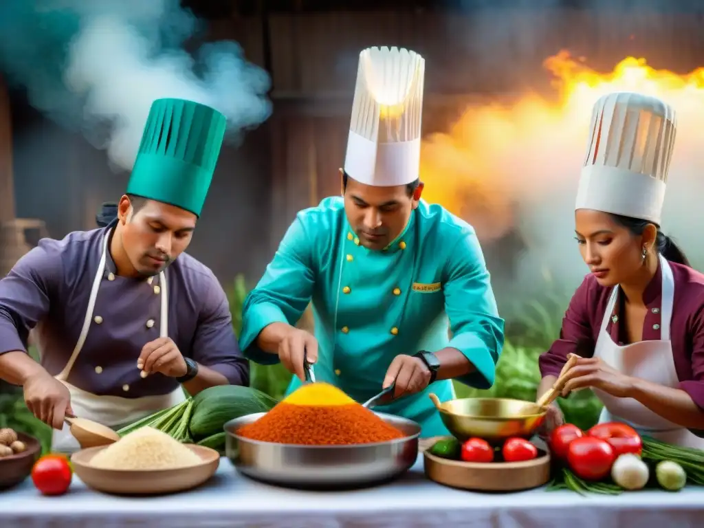 Chef peruanos fusiones gastronomía autóctonos: Cocineros peruanos en trajes tradicionales preparando plato fusión