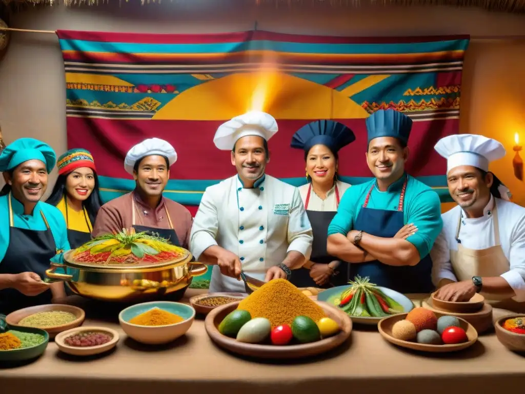 Chef peruanos conservando la cultura gastronómica alrededor de una mesa llena de coloridos platos, en una escena detallada y vibrante