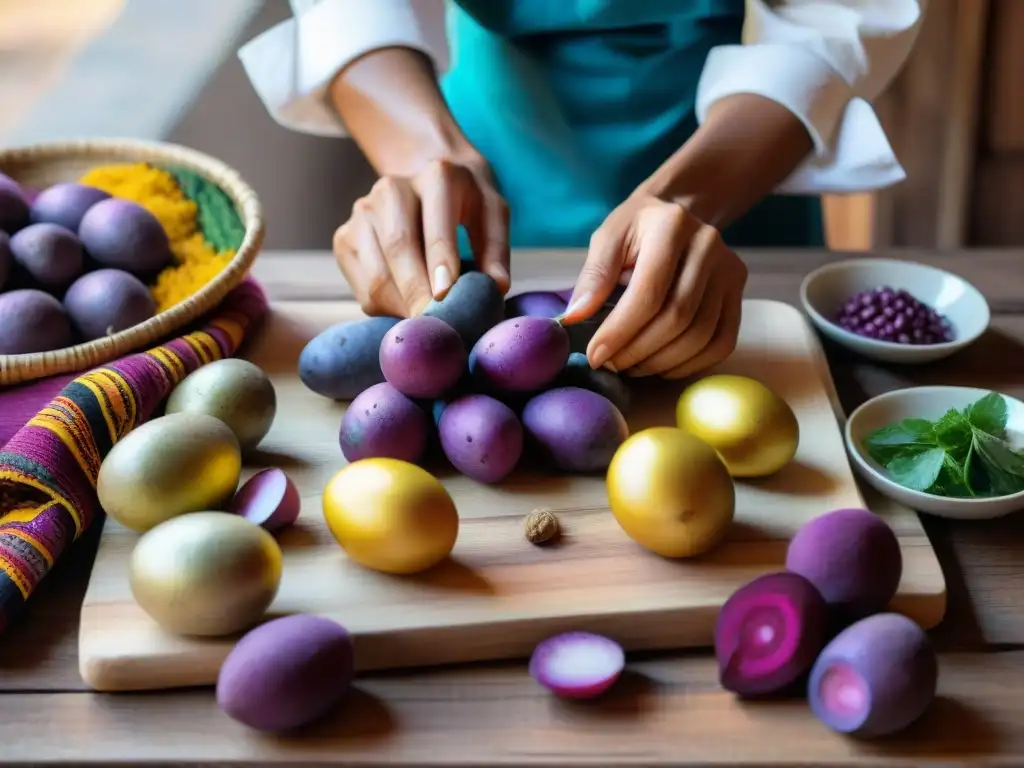 Un chef fotografía tubérculos peruanos con estilo en escena auténtica y vibrante