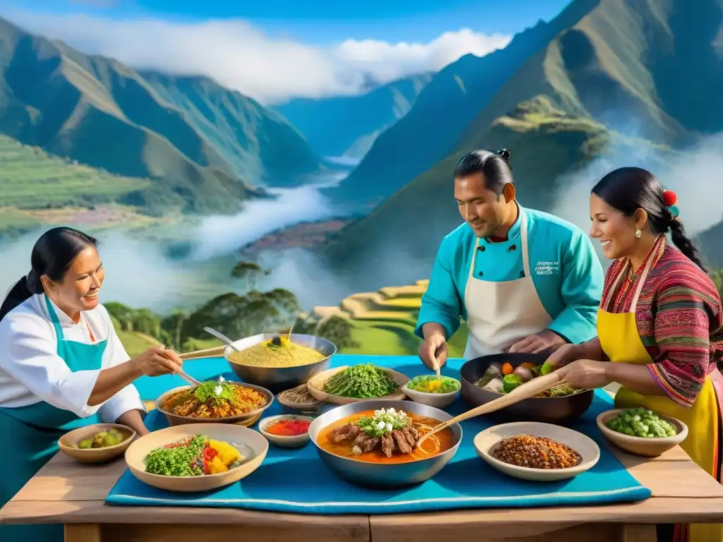 Chef peruanos preparan festín en ritual gastronómico Inti Raymi Perú bajo el sol brillante y montañas verdes