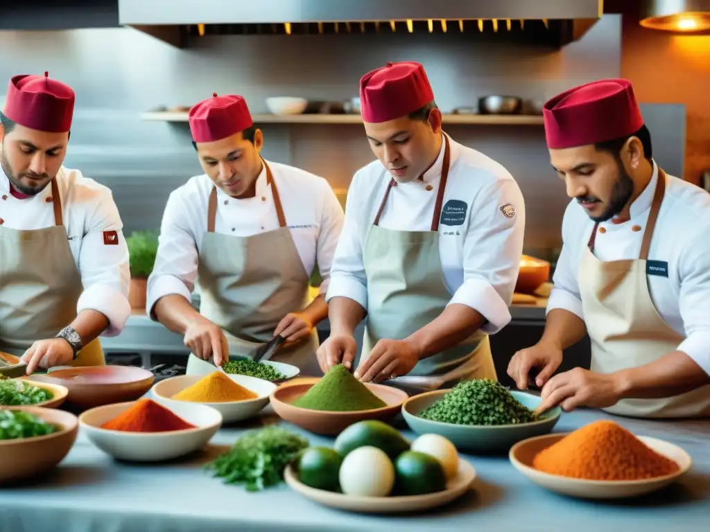 Chef peruanos cocinan platos costeños en una cocina bulliciosa con ingredientes coloridos