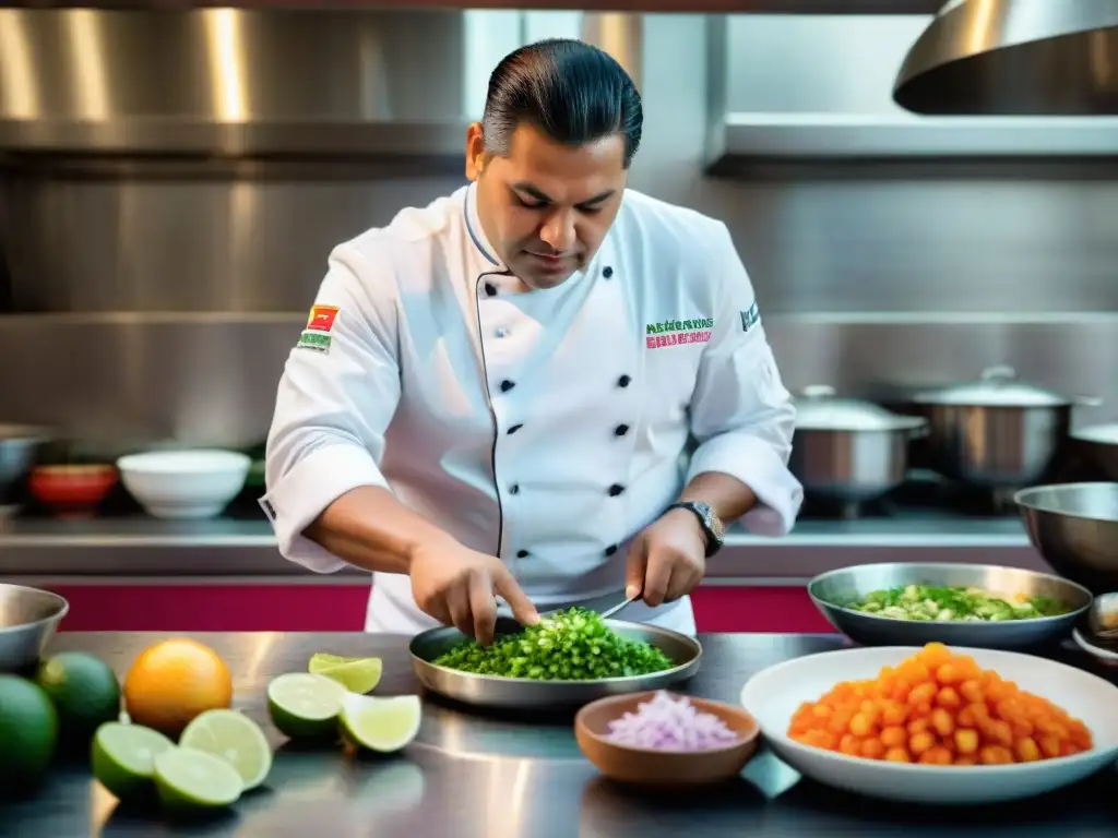 Chef Pesaque enérgico preparando ceviche peruano en cocina bulliciosa