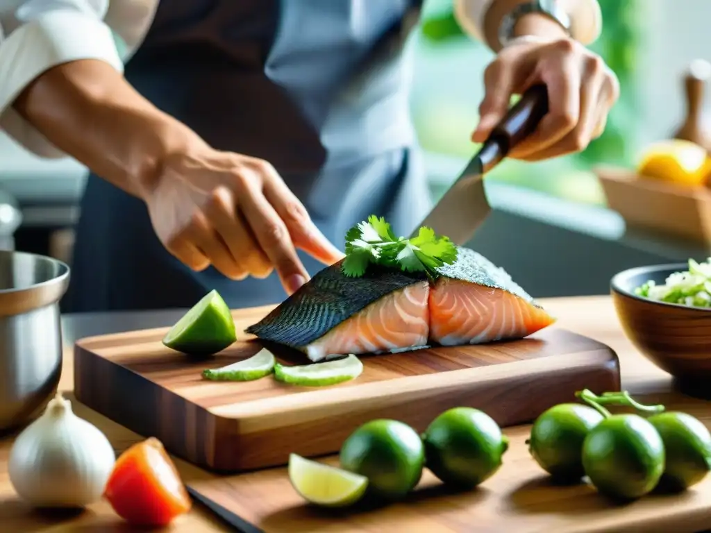 Un chef cortando con precisión pescado fresco para ceviche en casa, con menaje para preparar ceviche en casa en segundo plano