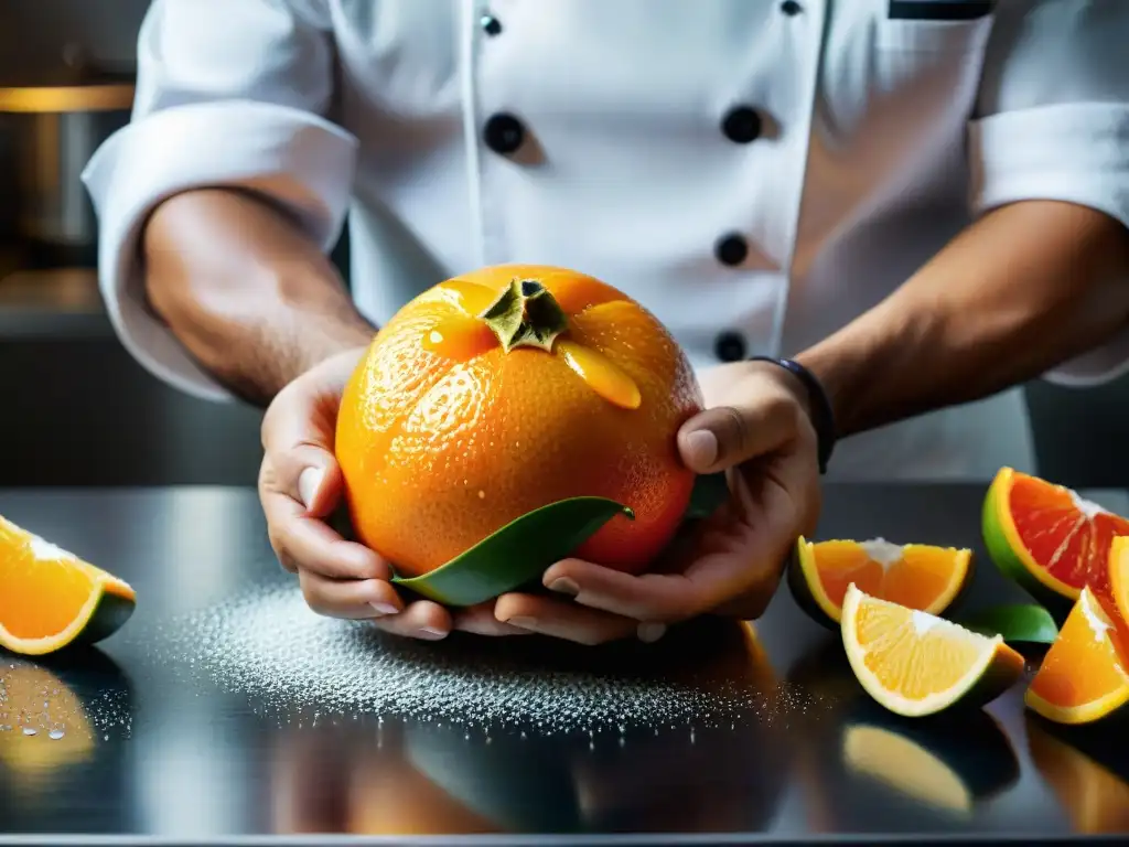 Un chef pelando un pijuayo con destreza en una cocina moderna