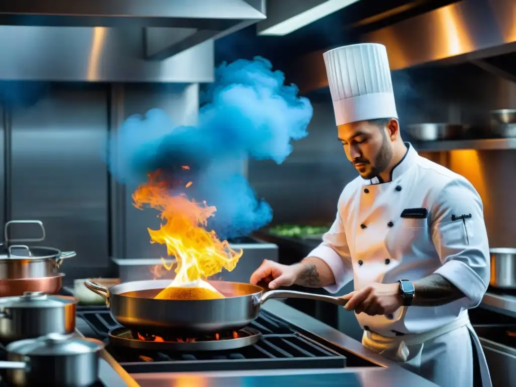 Un chef flambeando con pisco, fusionando técnicas culinarias en cocina moderna