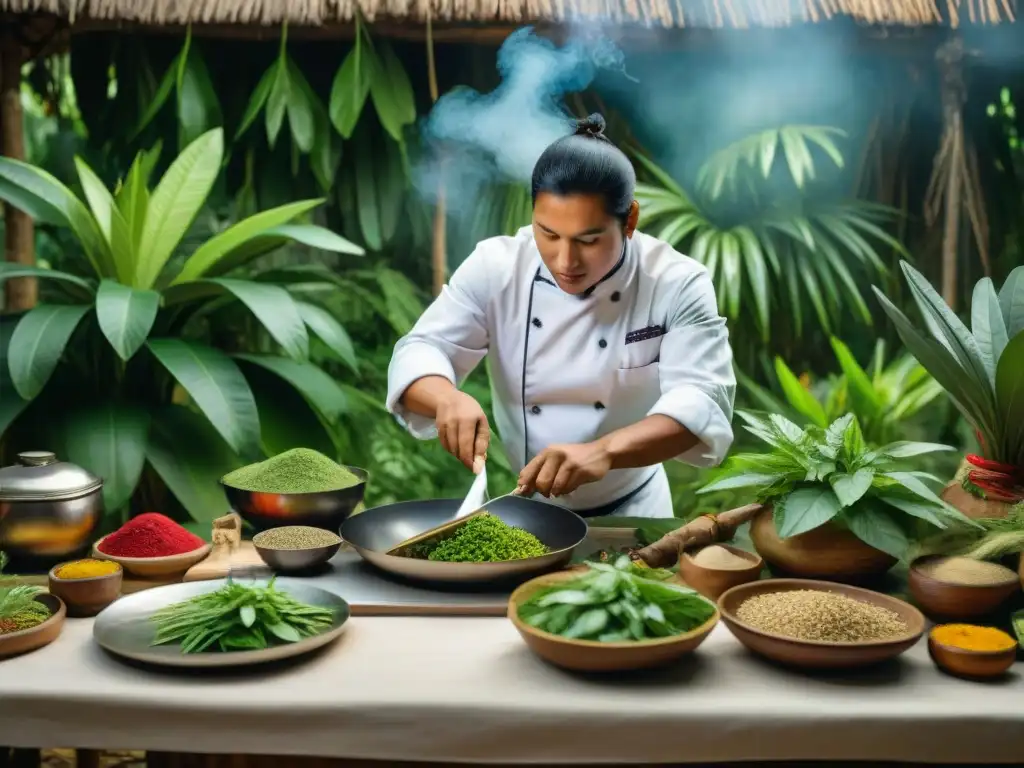 Un chef preparando plantas medicinales en cocina selvática de Perú