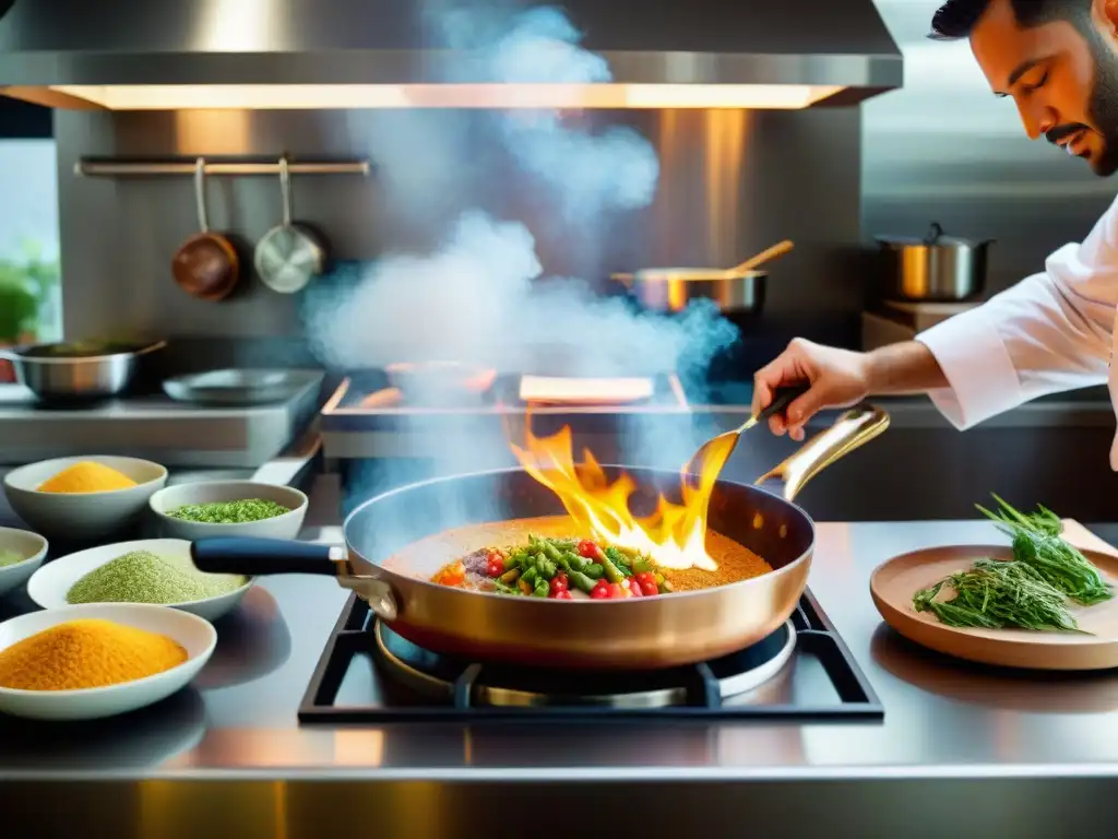 Un chef flambeando con maestría un platillo en una sartén, creando una atmósfera cálida y llena de energía en el taller de maridaje con pisco y cocina