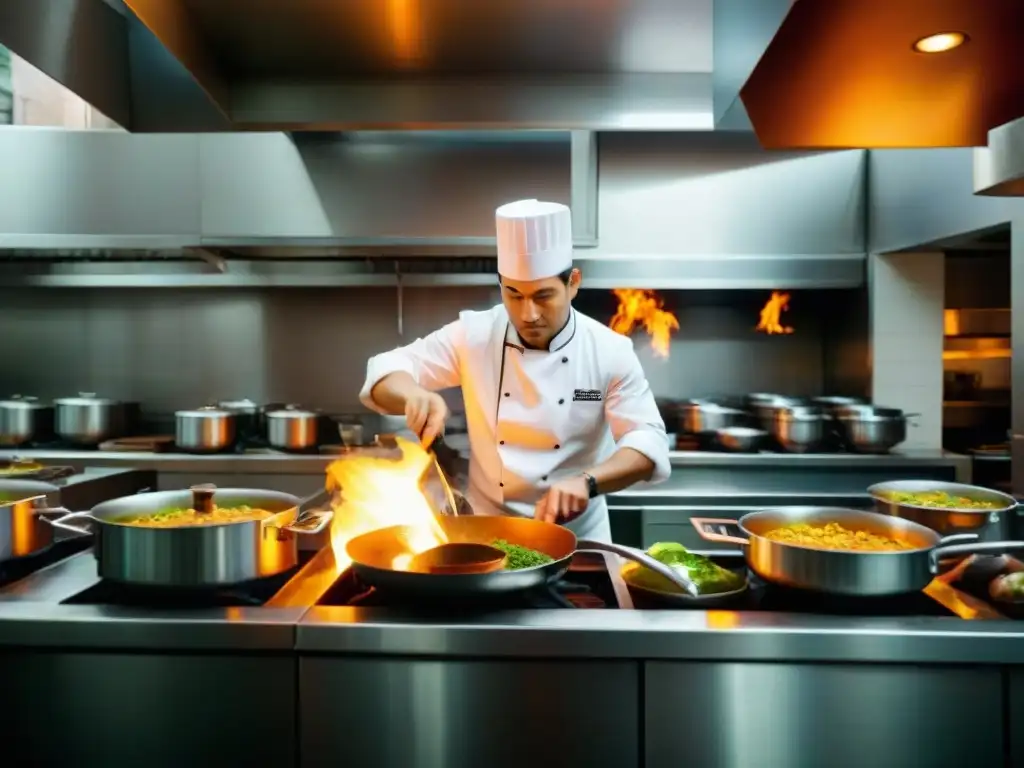 Chef preparando platillos en restaurante exclusivo de Lima, caos controlado