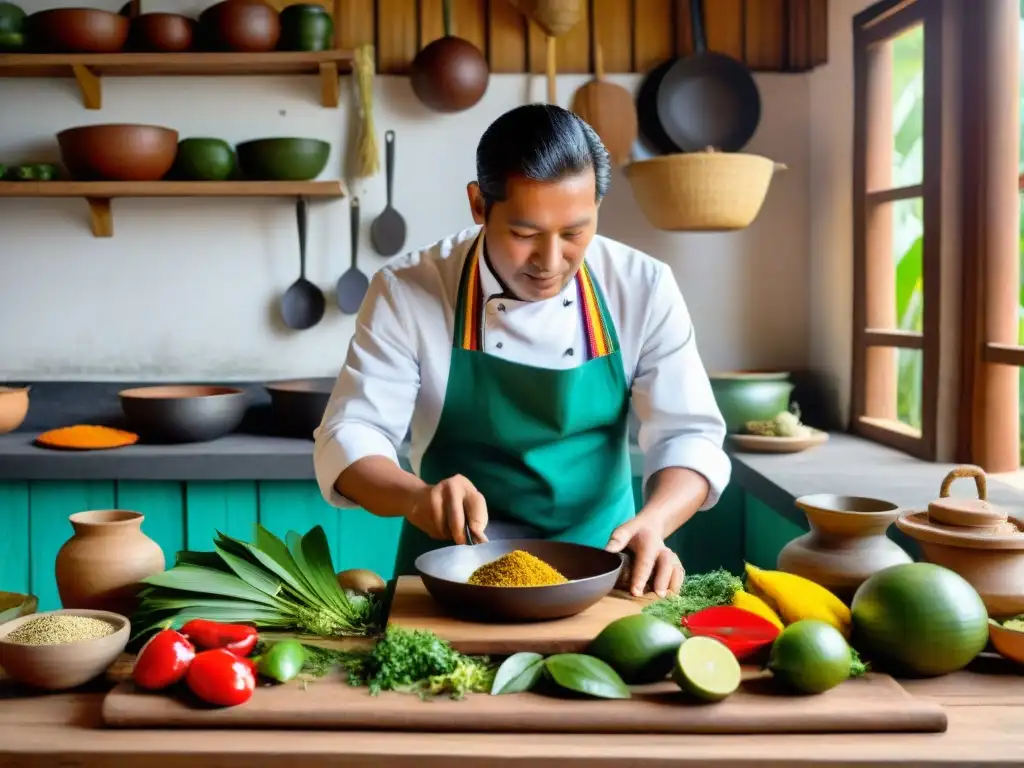 Chef preparando plato amazónico en cocina tradicional de Perú con ingredientes autóctonos