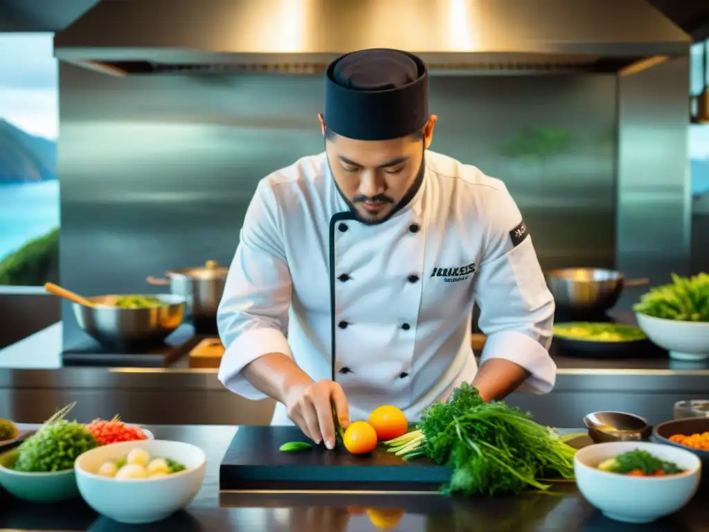 Un chef Nikkei prepara plato fusión Perú-Japón en cocina costeña