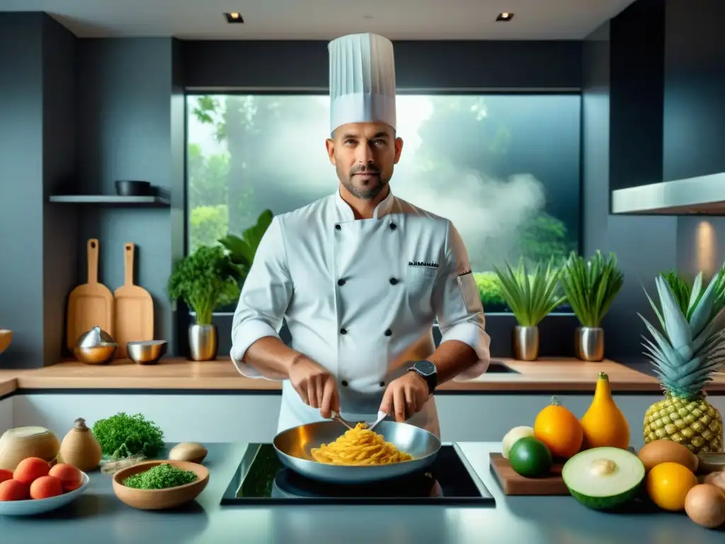 Chef preparando plato fusión con yuca en cocina moderna, mezclando tradición e innovación culinaria