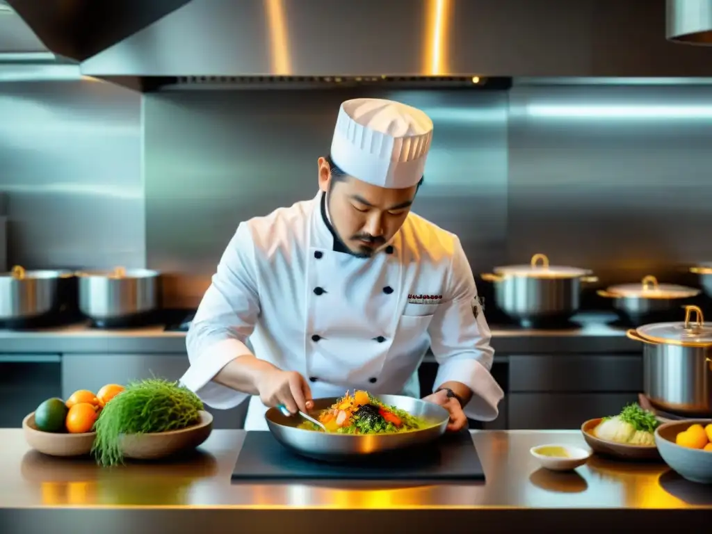 Un chef peruano-japonés prepara plato Nikkei en cocina moderna: fusión de tradiciones culinarias de Perú y Japón