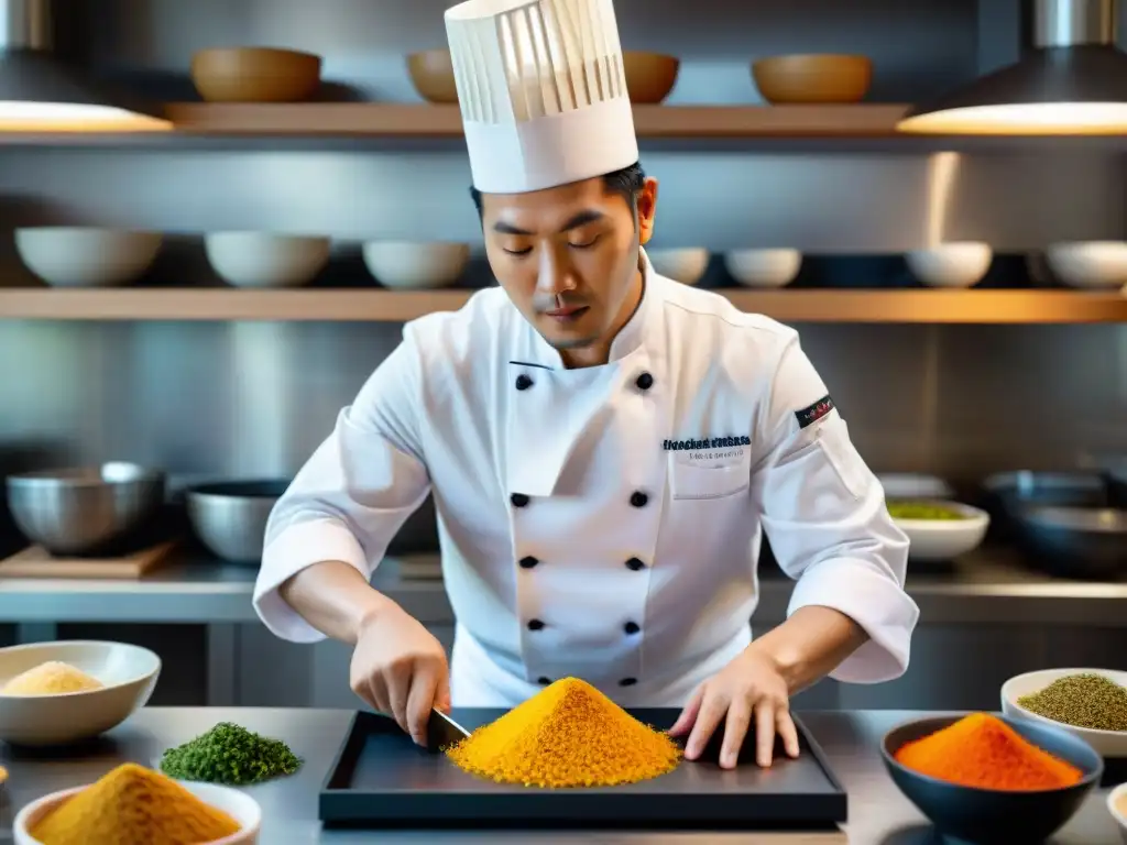 Un chef peruano-japonés prepara plato fusión en cocina moderna