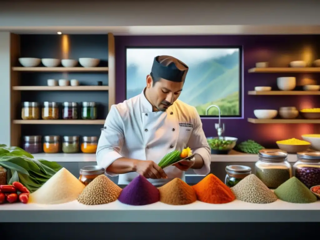 Chef preparando plato en cocina peruana, resaltando conservación especies gastronomía Perú