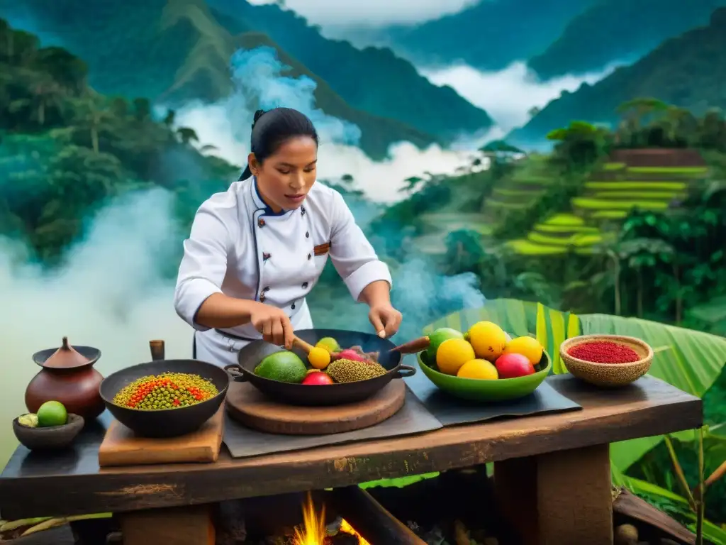 Chef preparando plato en cocina amazónica peruana, rodeado de frutas exóticas y especias coloridas