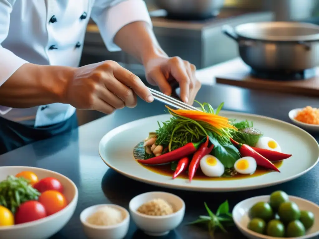 Un chef preparando un plato Nikkei en una cocina peruana, exhibiendo la influencia japonesa en la gastronomía