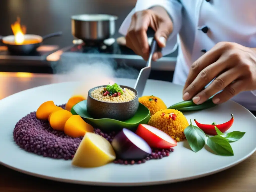 Chef Jaime Pesaque fusiona tradición y vanguardia en Mayta Chef Jaime Pesaque prepara un plato de cocina de vanguardia peruana en su restaurante Mayta, rodeado de ingredientes andinos coloridos