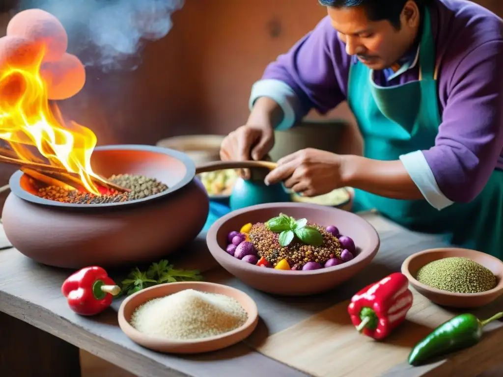 Un chef prepara plato colorido en cocina peruana con ingredientes tradicionales