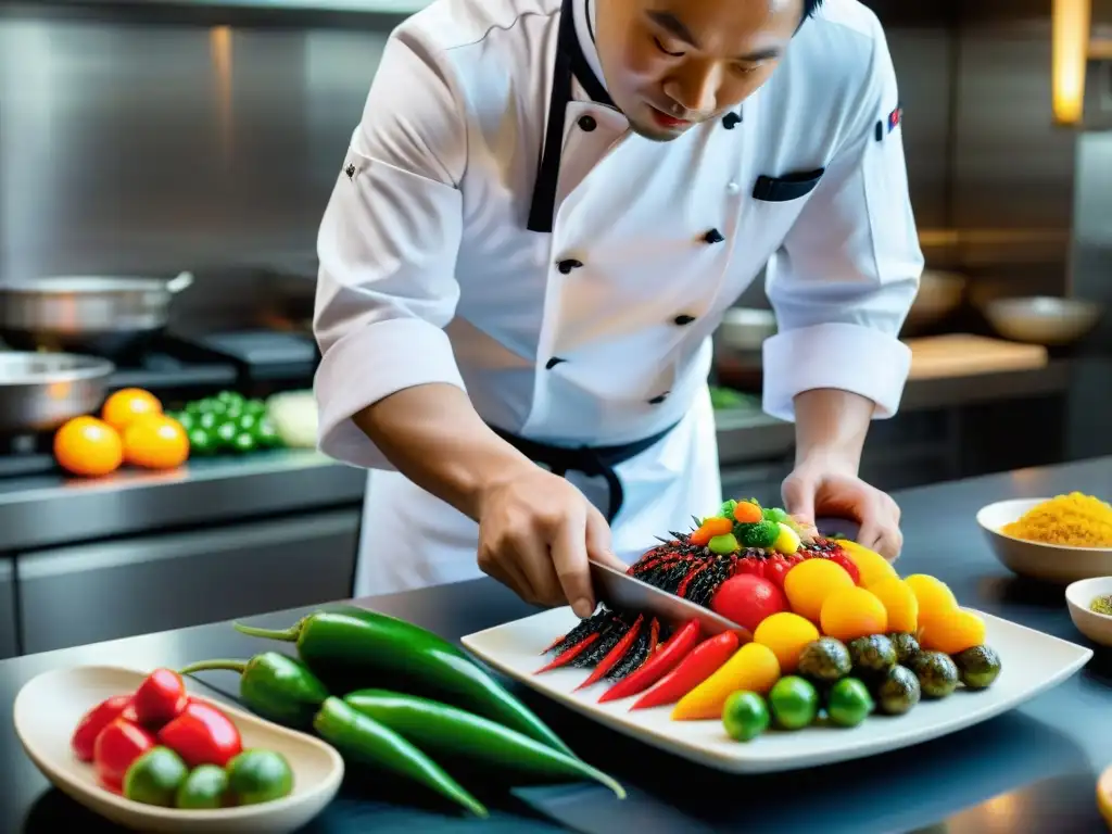 Un chef Nikkei preparando un plato colorido y elaborado, fusionando técnicas culinarias japonesas y peruanas, rodeado de ingredientes frescos