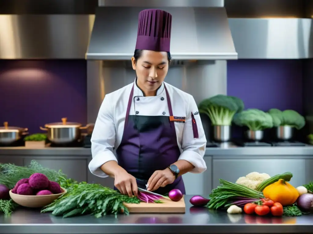 Un chef preparando un plato gourmet con mashua en una cocina moderna y llena de vida