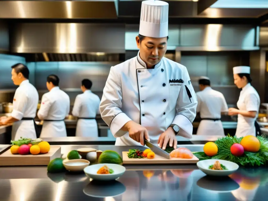 Chef Mitsuharu Tsumura plato nikkei en Maido restaurante cocina, con equipo enfocado y colorida sinfonía culinaria en Lima, Perú