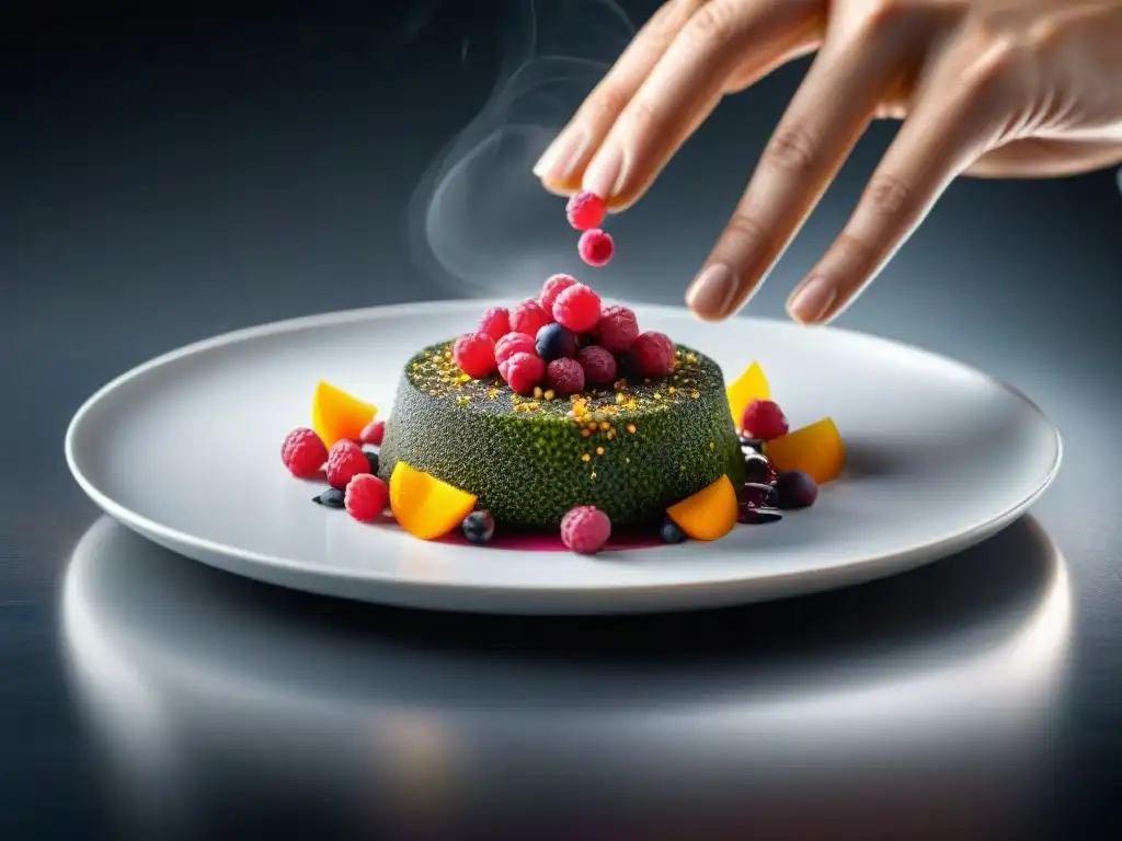 Chef experto espolvoreando bayas de Molle sobre plato moderno Un chef esparciendo Molle rosa sobre un plato moderno en una cocina profesional: Molle, ingrediente ancestral cocina moderna