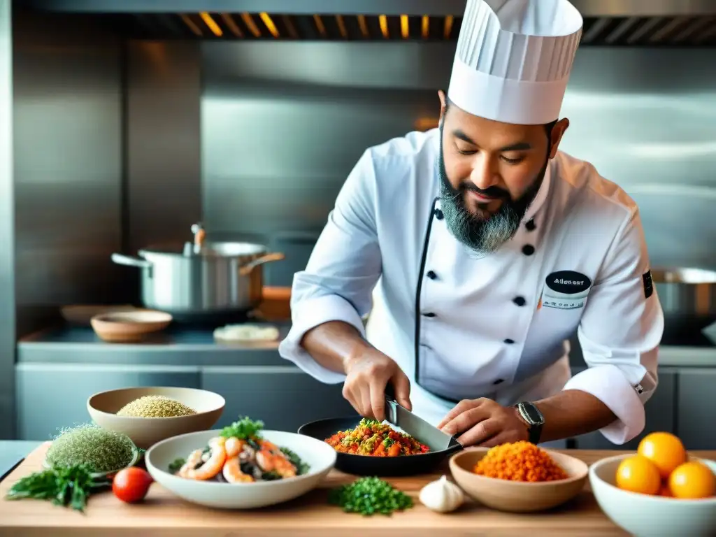 Chef preparando plato fusión de mar y montaña con mariscos y carnes andinas en cocina moderna