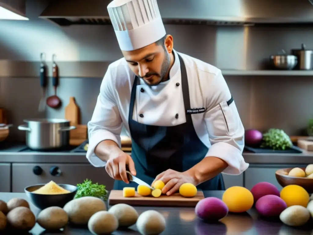 Chef preparando plato con papas andinas en cocina moderna