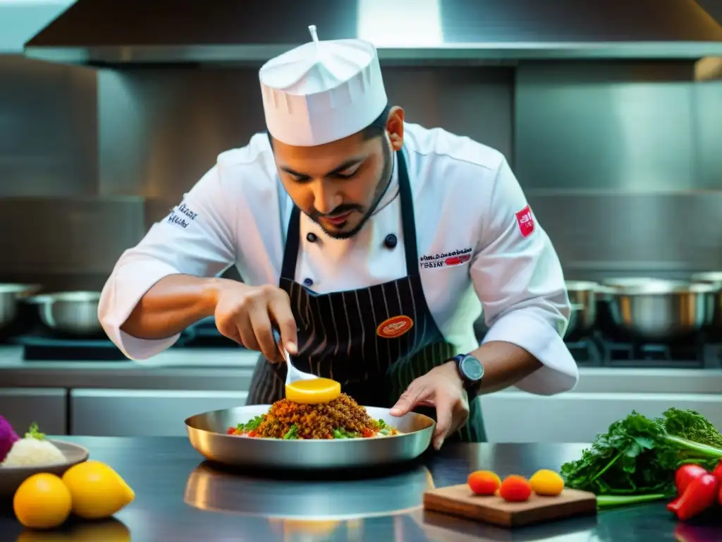 Chef Jaime Pesaque preparando plato peruano, fusionando tradición e innovación en cocina moderna