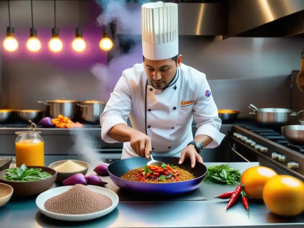 Chef Diego Muñoz preparando un plato peruano en una cocina bulliciosa con ingredientes autóctonos vibrantes