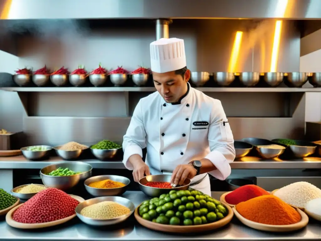 Chef preparando plato peruano en cocina de Lima con ingredientes vibrantes