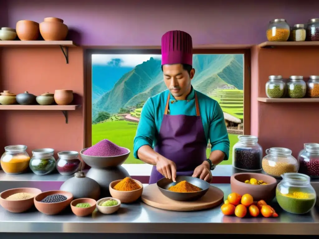 Chef preparando plato peruano en cocina tradicional con ingredientes autóctonos