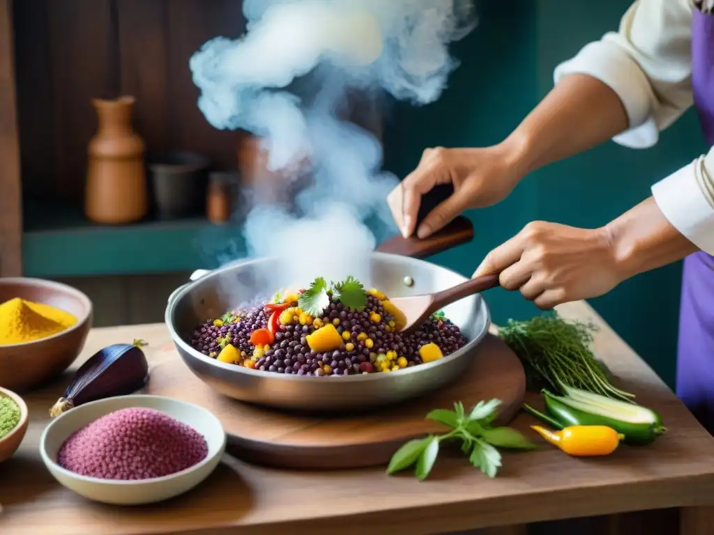 Un chef prepara un plato peruano en cocina tradicional con ingredientes coloridos