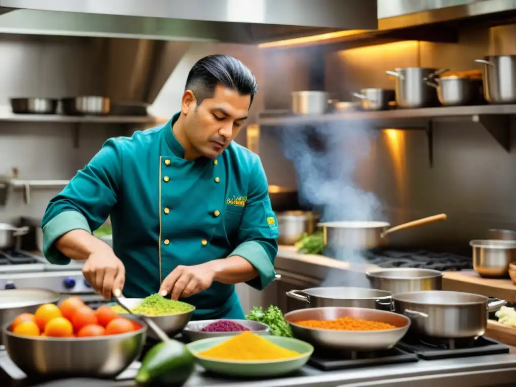 Chef Pesaque preparando plato peruano en cocina vibrante y caótica