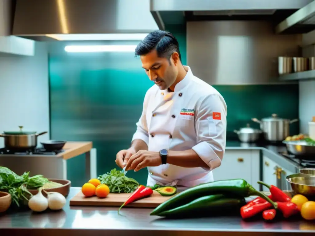 Chef en Lima preparando plato peruano con pasión y destreza en cocina acogedora