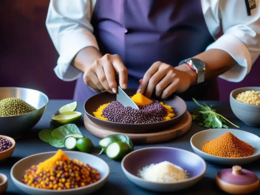 Un chef preparando un plato peruano con ingredientes autóctonos, mostrando la esencia de la gastronomía peruana