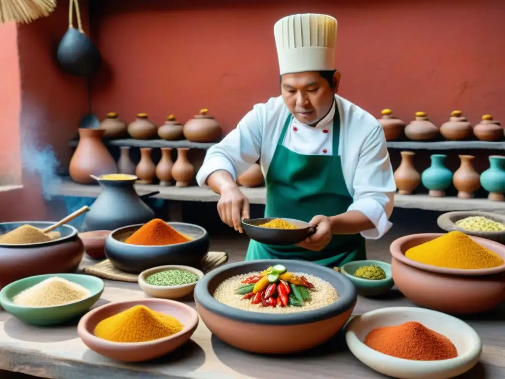 Chef preparando plato peruano con ingredientes autóctonos en cocina tradicional