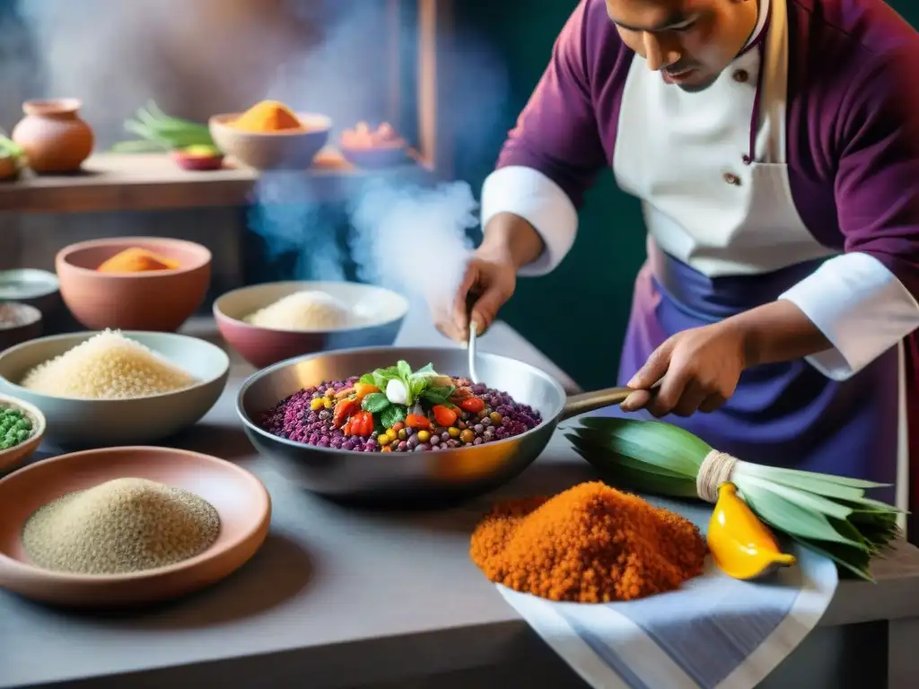 Un chef prepara plato peruano rodeado de ingredientes autóctonos en bulliciosa cocina tradicional