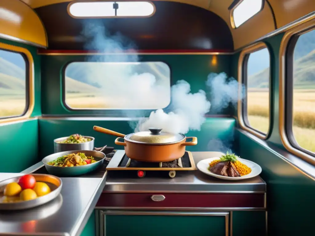 Chef preparando plato peruano en vagón de tren antiguo, fusionando tradición culinaria y ferrocarriles