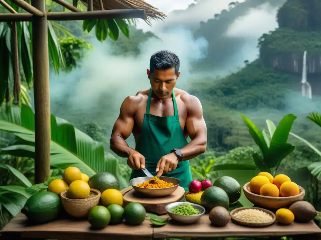 Un chef indígena hábil preparando un plato tradicional amazónico en la selva, rodeado de frutas exóticas y vegetación vibrante