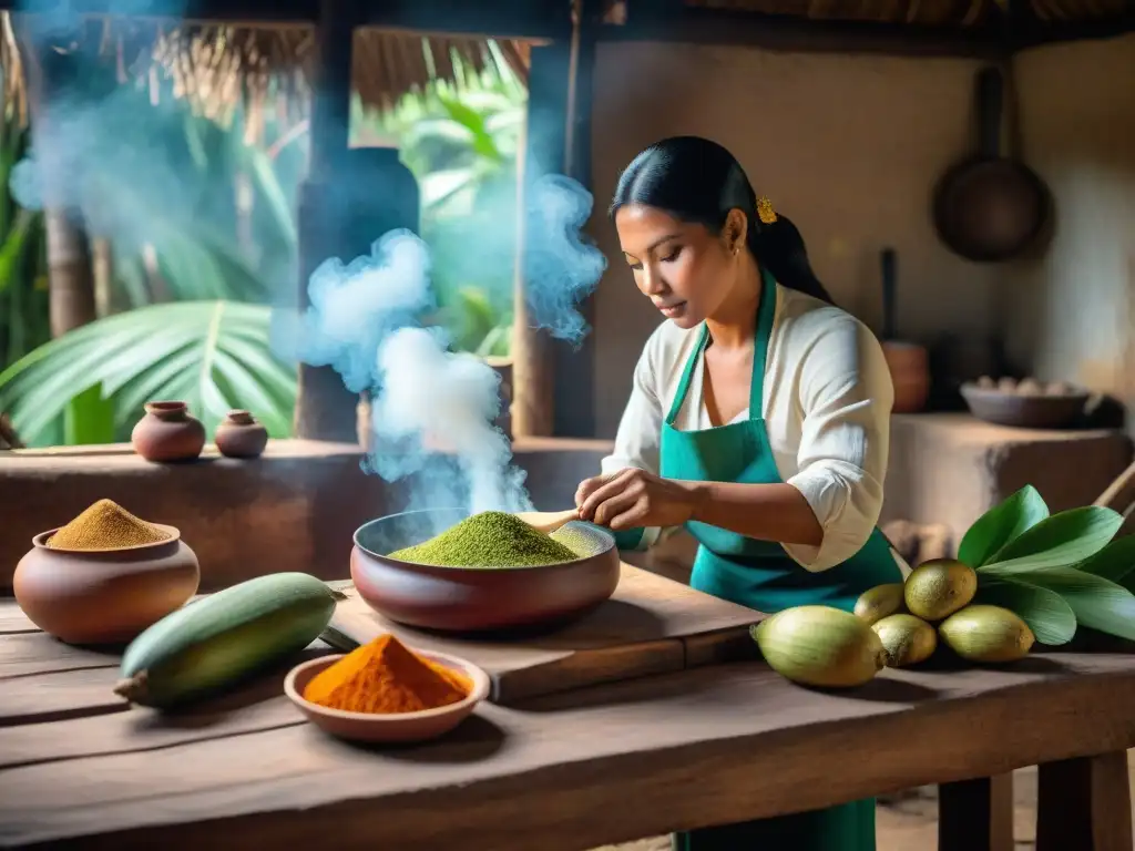 Chef prepara plato tradicional en cocina de la selva con ingredientes autóctonos