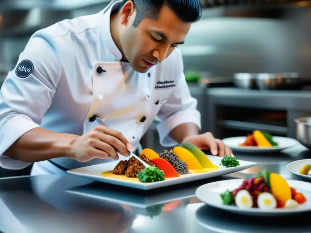 Un chef prepara un plato tradicional costeño peruano en una cocina moderna, fusionando innovación y tradición culinaria