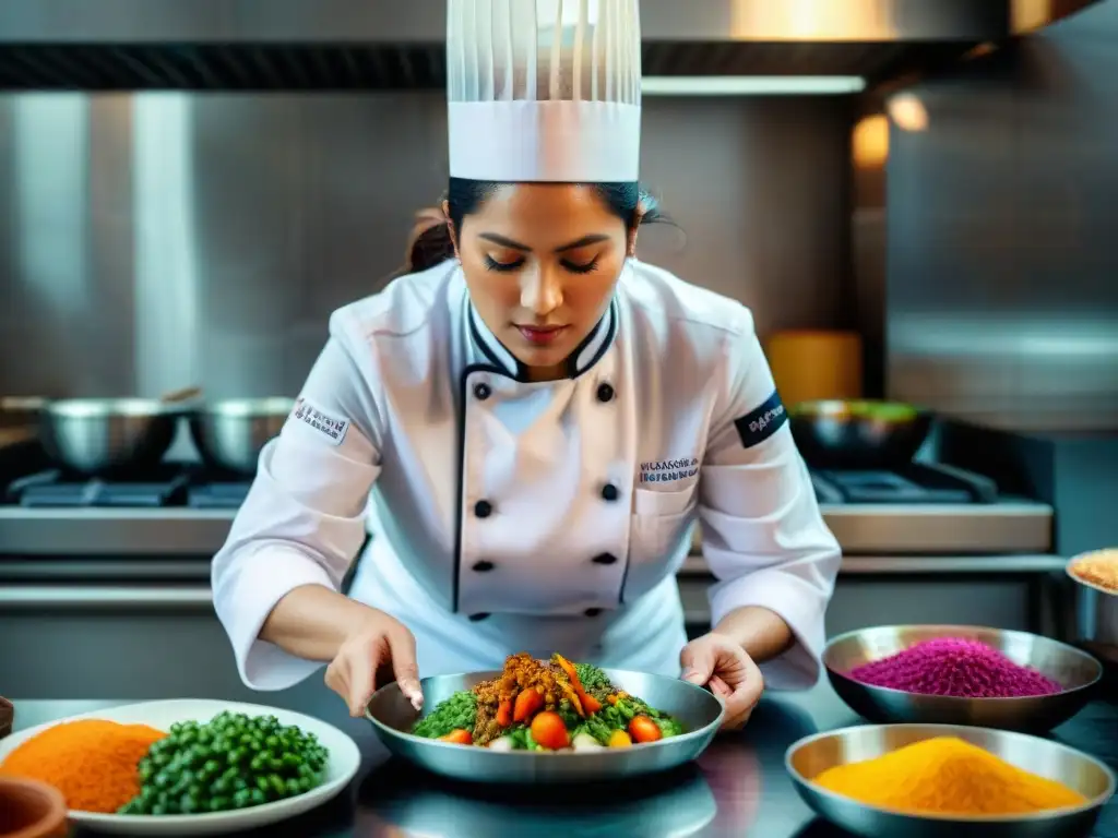 Chef mujer en Perú preparando plato tradicional con destreza y determinación en cocina colorida y concurrida