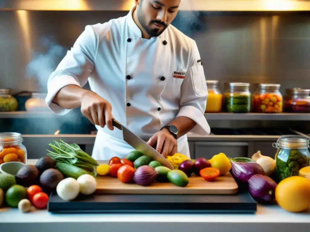 Un chef preparando un plato tradicional con ingredientes locales, en un ambiente de fusión gastronómica y performance culinario